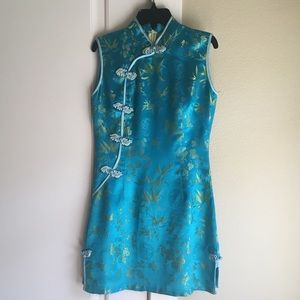Rock it Chun-Li! Aqua/gold Chinese Silk Mini Dress